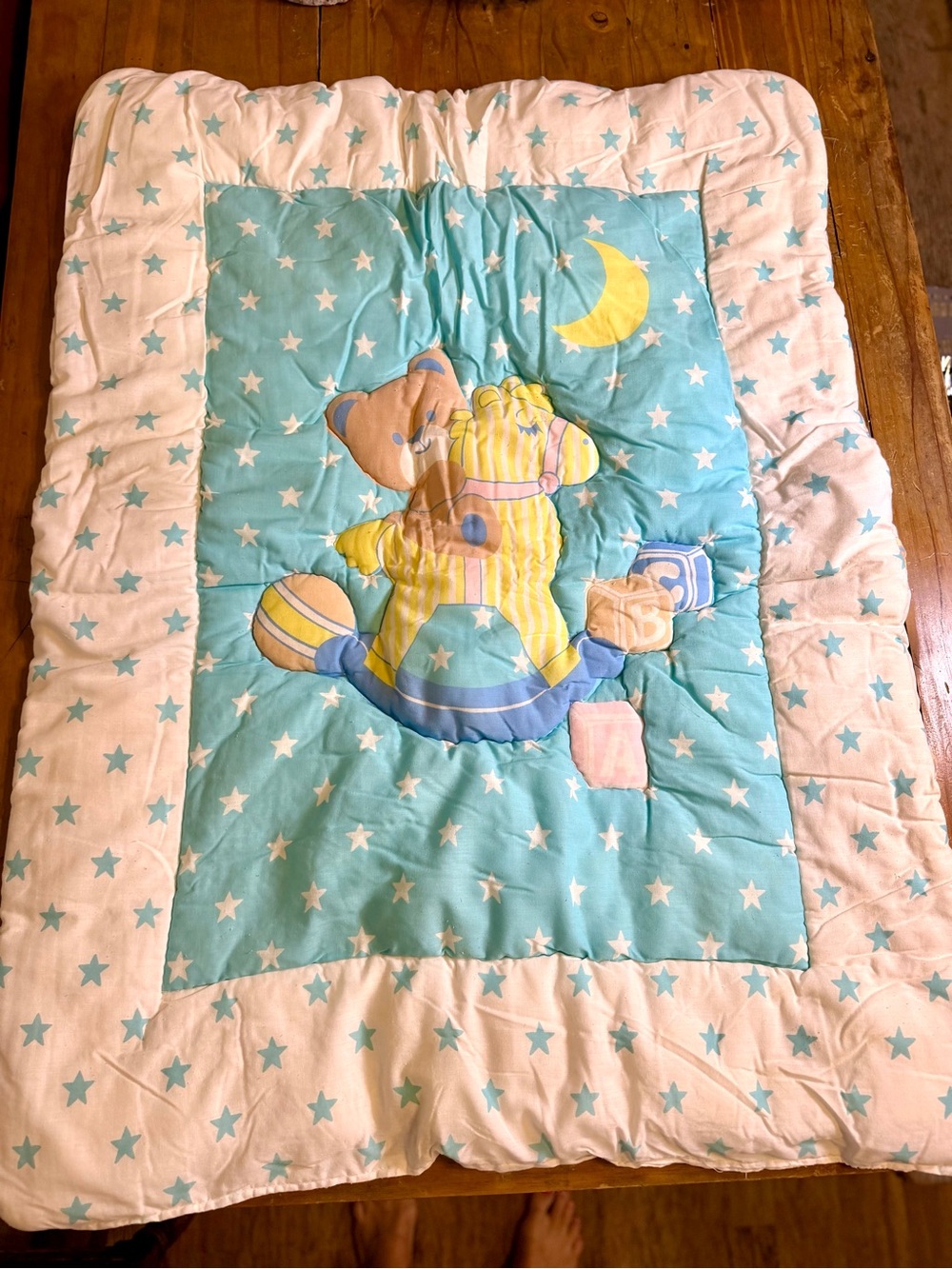 Vintage 80s 90s Baby Crib Comforter Teddy Bear Rocking Horse Moon Stars Pastel
